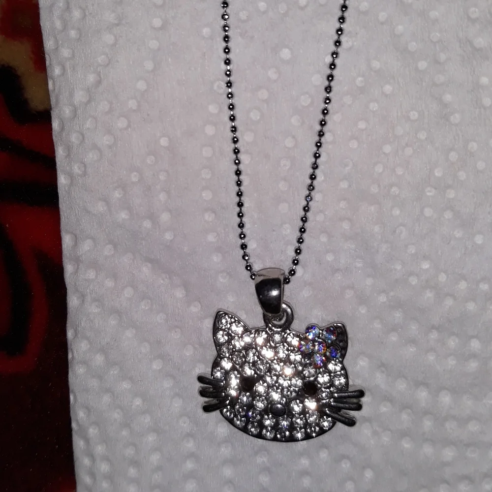 Hello Kitty Crystal Charm Necklace silver plate over stainless 16-18